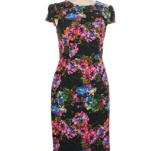 Betsey Johnson Women Dress Size 6 Floral Midi Sheath Cap Sleeve Eyelet Colorful